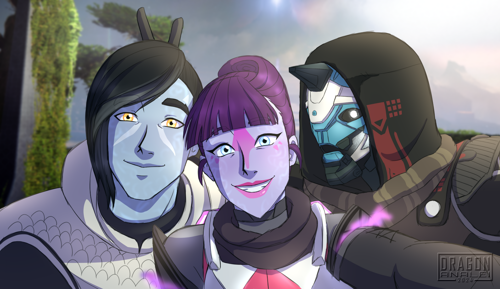 My OC, Nia, taking a selfie with Crow and Cayde from Destiny 2