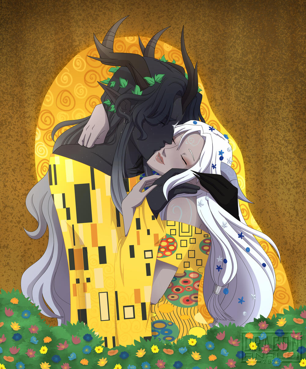 Commission of two startouch elf OCs recreating The Kiss by Gustav Klimt